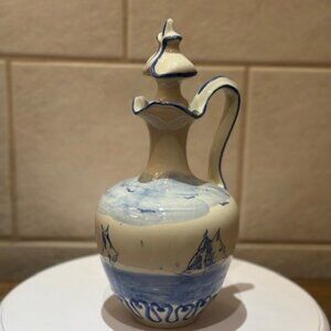 Hand Painted Cruet Wine Pitcher with stopper sailboats Blue/White Made in France